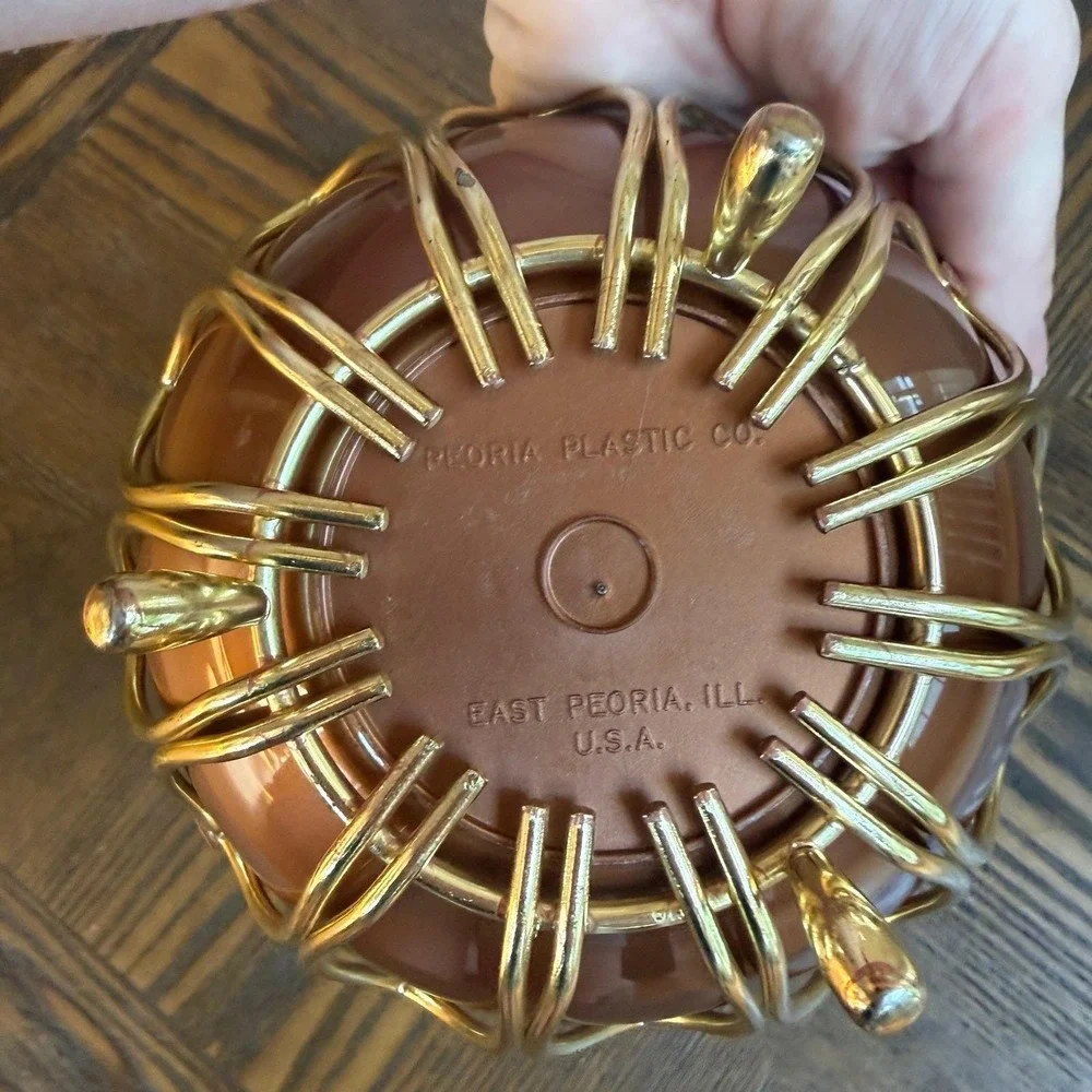 Vintage Gold Wire Basket Copper Bowl - MCM Peoria Plastic Candy Dish - 1960s
